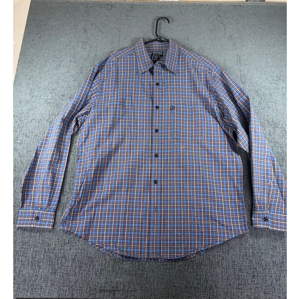 Polo Jeans Co Ralph Lauren Mens Large Blue‎ Plaid Button Down Shirt Cotton L/G